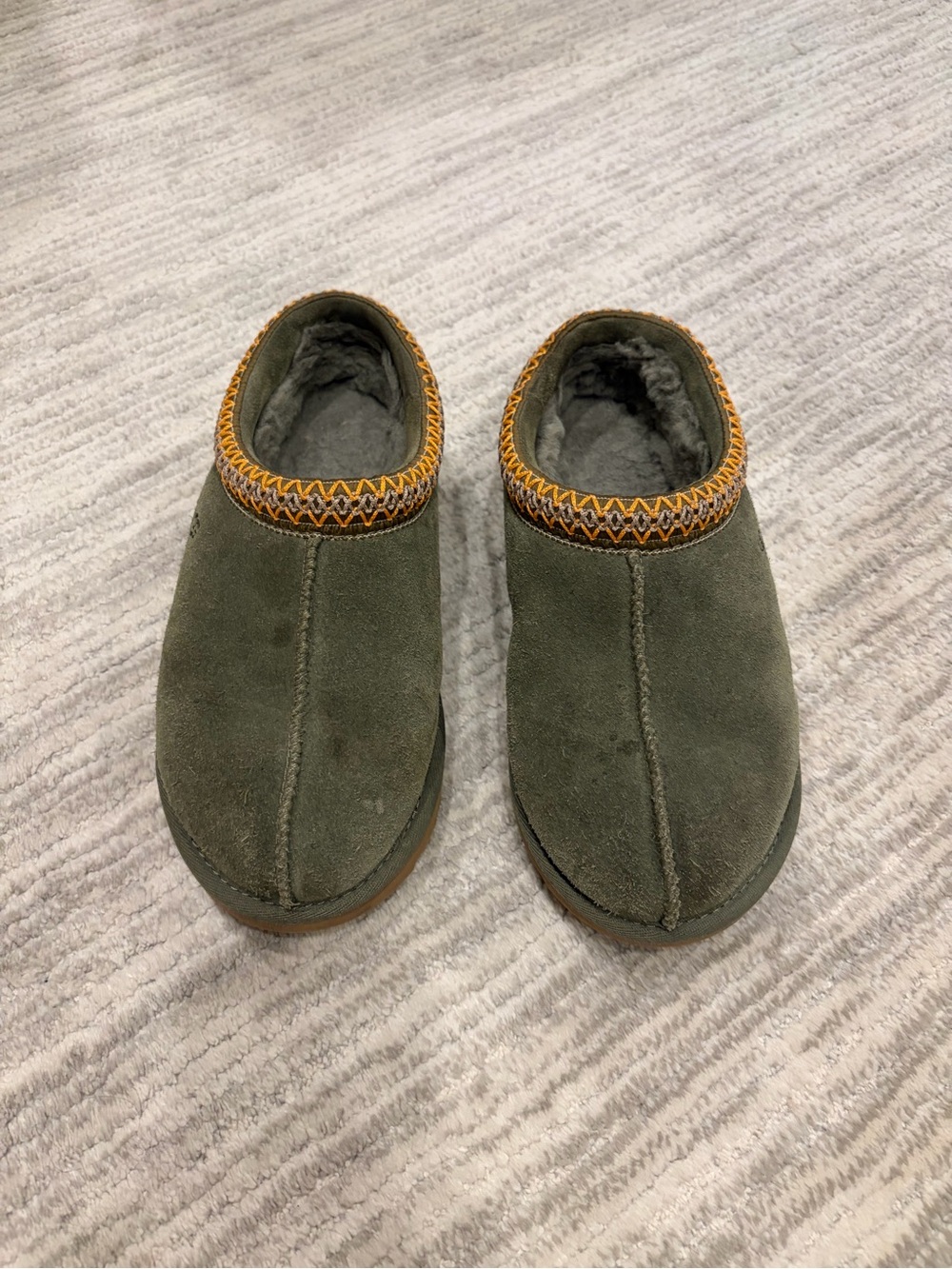 UGG Olive Green Suede Slip-On Mule Slippers with Decorative Trim